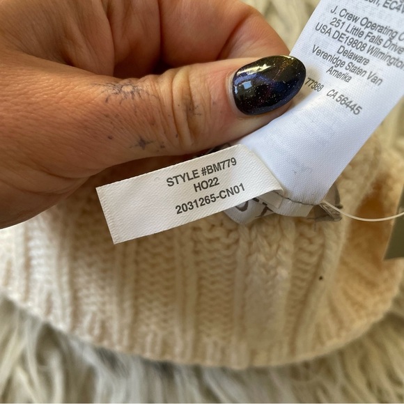 J. Crew Ivory Wool Blend Ribbed Faux Fur Pom-Pom Beanie Hat BM779 NWT One Size main image 7
